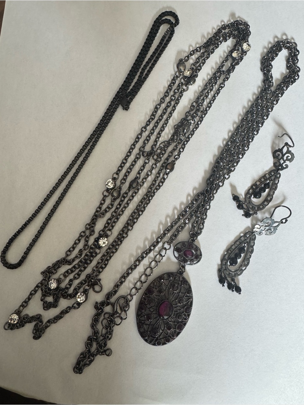 Gunmetal Multi-Chain Necklace Set/Drop Earrings - Women Jewelry Black Goth